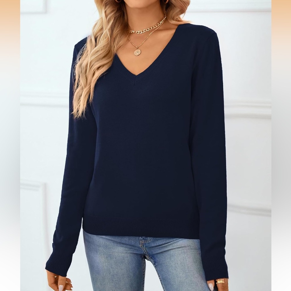 Navy 100% cotton Blue V-Neck Women's Sweater